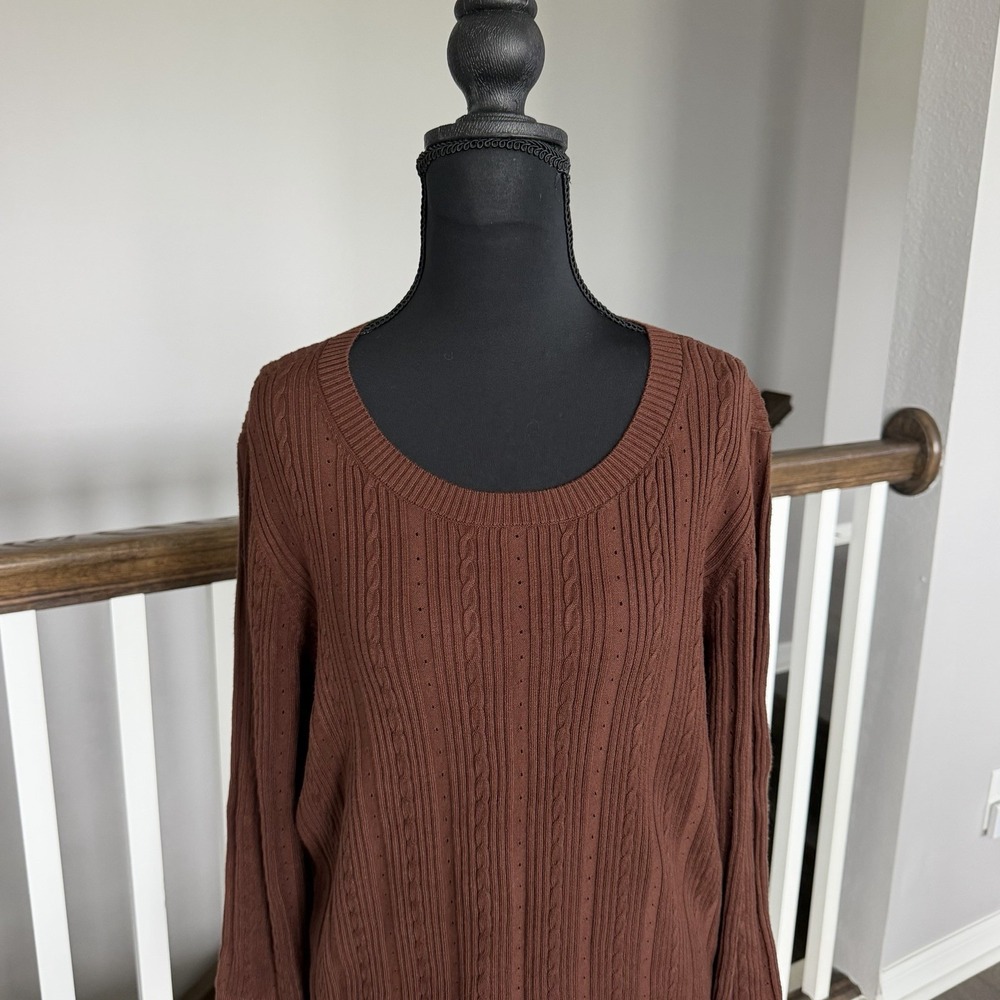 TALBOTS Plus NWT Long Sleeve Ribbed 1X Sweater Brown Boho Fisherman Office Prep - Picture 2 of 10